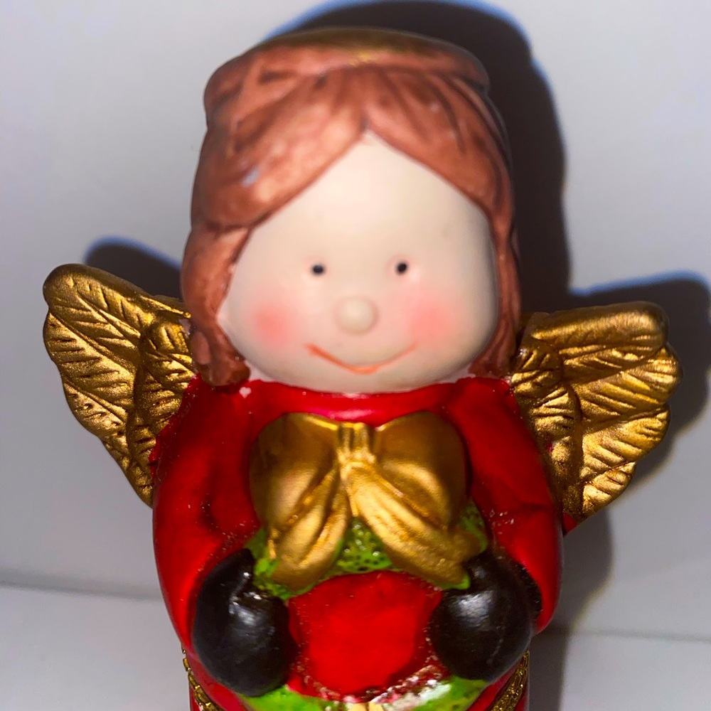 Vintage Red Porcelain metal gold hinged golden winged “Angel Trinket Box”